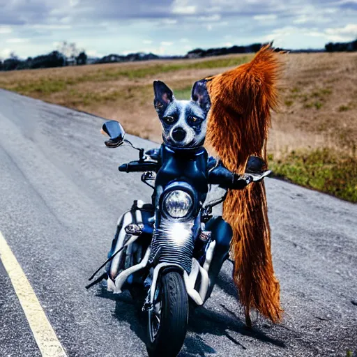 Image similar to blue heeler dog on a motorcycle, 8 k photography, blurred background of a wafflehouse