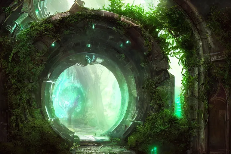 Prompt: ancient glowing epic portal to another dimension, overgrown, lush, cinematic, futuristic, gate, ancient writing, artstation, mattepainting