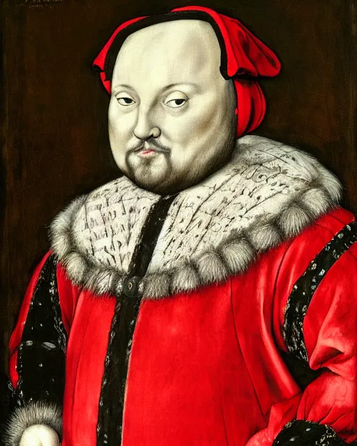 Image similar to fat gray cat with yellow eyes dressed like henry viii, tudor period clothing in scarlet gold and black, hans holbein the younger, greg rutkowski, royal portrait, painting