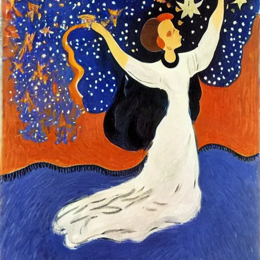 Image similar to The conceptual art features a woman with wings made of stars, surrounded by a blue and white night sky. The woman is holding a staff in one hand, and a star in the other. She is wearing a billowing white dress, and her hair is blowing in the wind. aboriginal art by Henri Matisse ghostly