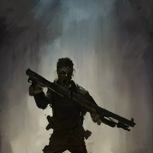 Image similar to putting in a zombie apocalypse holding a gun by greg rutkowski