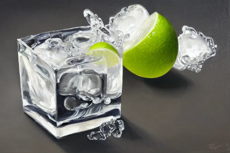 Image similar to award winning oil painting portrait of an ice cube starting to melt in the forefront surrounded by a lime wedge, an empty bottle of tequila and fallen salt shaker. black background