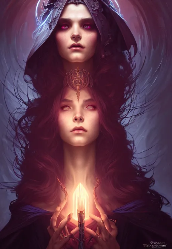 Image similar to Necromancer Sorceress in center, fantasy magic, undercut hairstyle, dark light night, intricate, elegant, sharp focus, illustration, highly detailed, digital painting, concept art, matte, art by WLOP and Artgerm and Greg Rutkowski and Alphonse Mucha, masterpiece