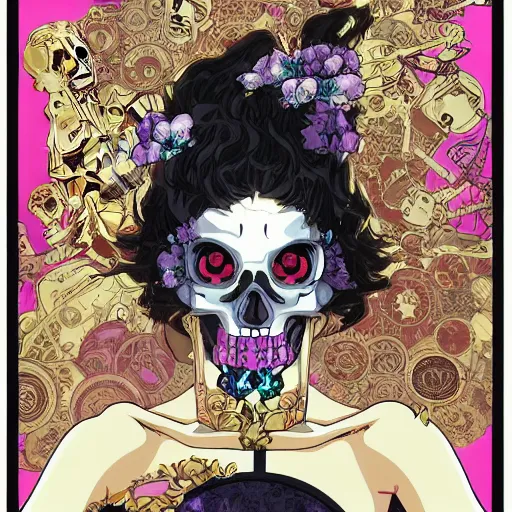 Image similar to anime manga skull portrait girl female skeleton wearing mask helmet 80s vaporwave detailed patterns art Geof Darrow and Ashley wood and Ilya repin and alphonse mucha pop art nouveau