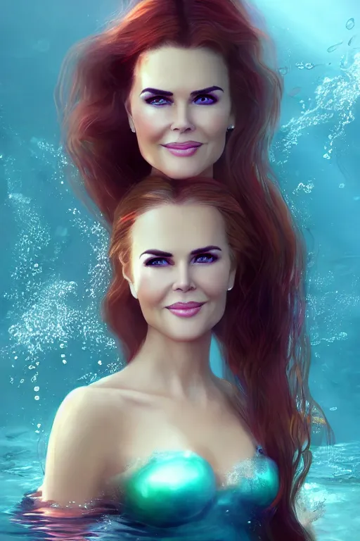 Image similar to mix of beautiful young maria shriver, mariel hemmingway, brooke shields, nicole kidman and elle macpherson as an underwater mermaid, thin lips, hair tied up in a pony tail, dark blonde hair, colorful, artstation, cgsociety