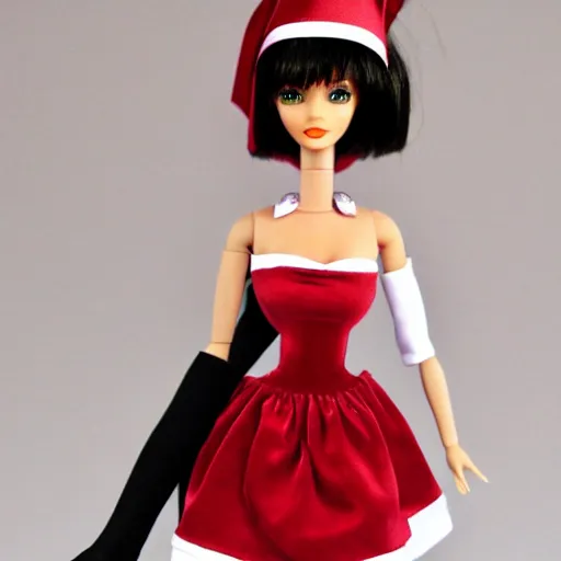 Image similar to anime barbie doll, in red velvet stockings, a nurse's dress, full length, heels on her feet