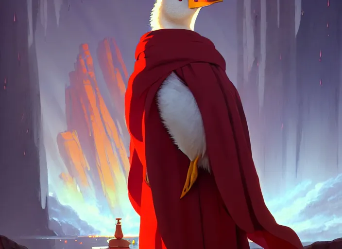 Prompt: cute fluffy mallard duck wearing red cultist robe, sacrificial altar in background, details, fantasy, epic, ancient city, landscape illustration concept art anime key visual trending pixiv fanbox by wlop and greg rutkowski and makoto shinkai and studio ghibli and kyoto animation symmetrical facial features