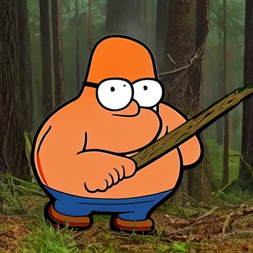 Prompt: Peter Griffin haunts you in the middle of the forest holding a fireaxe with blood on the fireaxe head, Realistic, Creepy, Spooky, Horror, Real Footage caught on camcorder