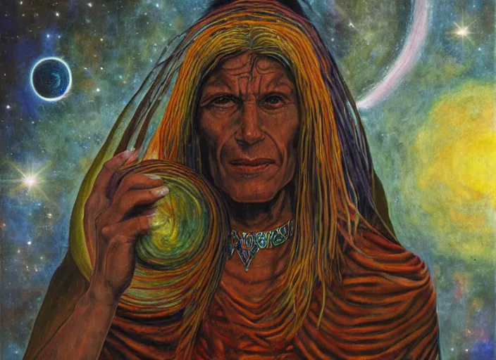Prompt: A shaman holding up the universe, by Amanda Sage, reflection, symbolist, soft colors, dramatic lighting, smooth, sharp focus, extremely detailed, aesthetically pleasing composition