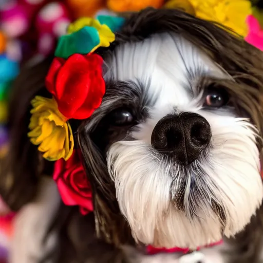 Image similar to a candy sugar skull havanese dog skull, mexico, day of the dead, close up photo, panasonic gh 6 6 0 mm bokeh