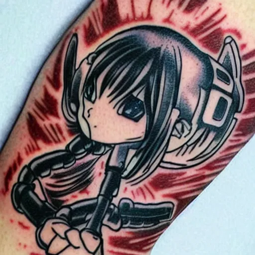 Image similar to Anime manga robot!! catgirl tattoo, cyborg catgirl, exposed wires and gears, fully robotic!! catgirl, manga!! in the style of Junji Ito and Naoko Takeuchi, cute!! chibi!!! catgirl, tattoo on upper arm, arm tattoo