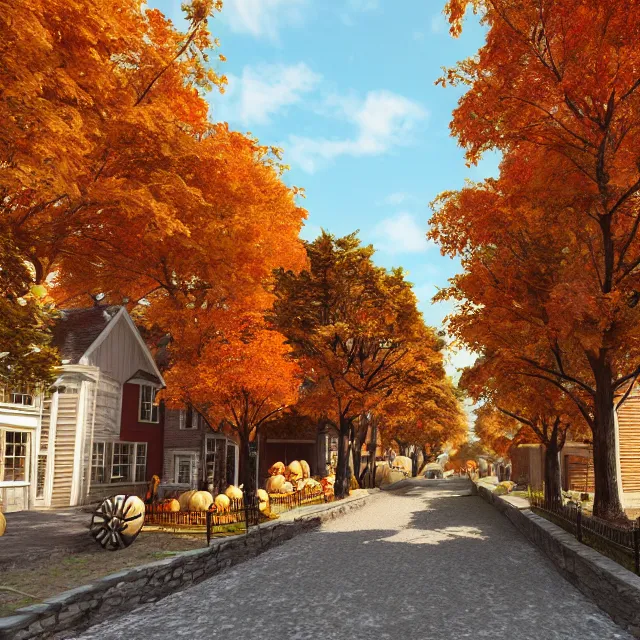 Image similar to small new england colonial city street with shops and pumpkins, maple trees with fall foliage, volumetric, realistic, cinematic lighting, ray tracing, unreal engine 5, octane render, hyper realistic, photo, 8 k