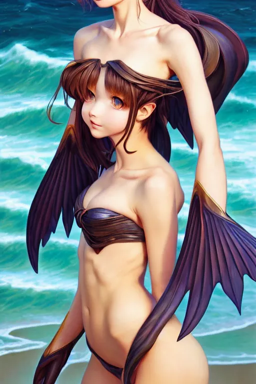 Image similar to 3 / 4 view of a portrait of cute sea woman with fish wings, confident pose, pixie, genshin impact,, intricate, elegant, sharp focus, illustration, highly detailed, concept art, matte, trending on artstation, anime, art by wlop and artgerm and greg rutkowski, ilya kuvshinov, strong strokes, photo of asuna from sao