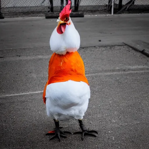 Image similar to chicken dressed as an inmate, real photography, police statiom