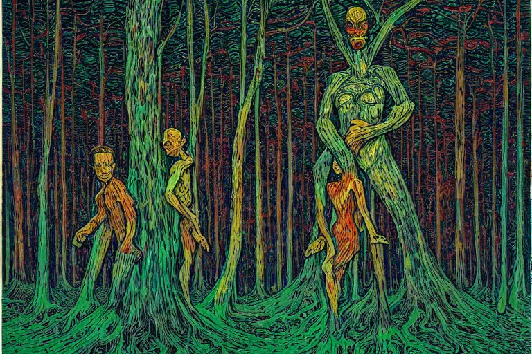 Image similar to spirit forest, by dan mumford and by alberto giacometti, peter lindbergh, malevich, william stout