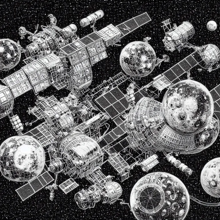 Prompt: a black and white drawing of a chrome international space station filled with equipment, a microscopic photo by ernst haeckel, zbrush central, kinetic pointillism, intricate patterns, photoillustration