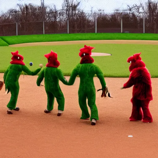 Prompt: green aliens wearing red fur coats playing baseball at the field of dreams