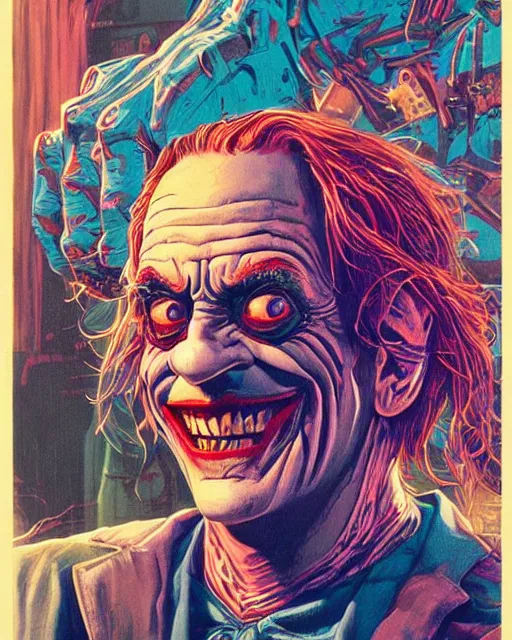 Prompt: christopher lloyd as the joker, big smile, grotesque, horror, high details, bright colors, striking, intricate details, by vincent di fate, artgerm julie bell beeple, 1 9 8 0 s, inking, vintage 8 0 s print, screen print