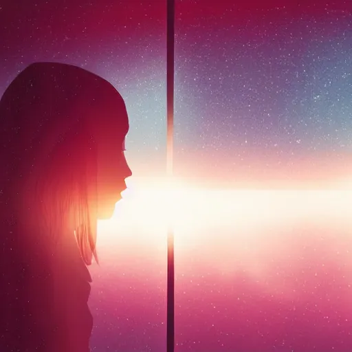 Prompt: a silhouette of a girl looking out a large window at a space scene, lofi aesthetic volumetric lighting, dramatic, realistic, intense