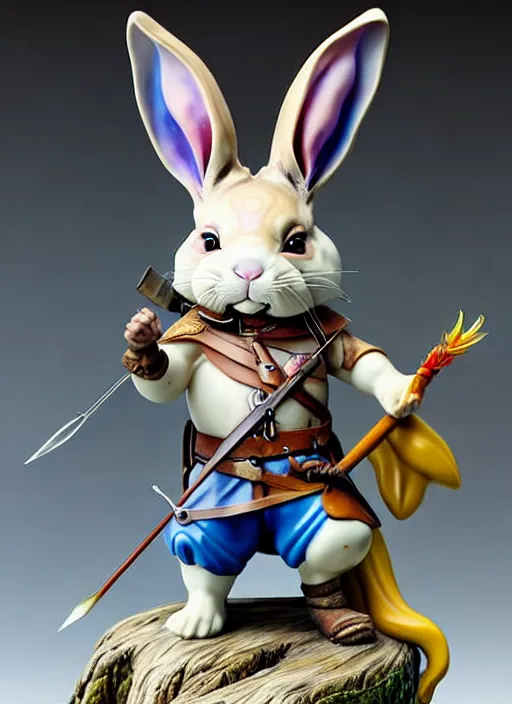 Image similar to a porcelain figurine of a heroic rabbit crossbowman, redwall, lisa frank and greg rutowski and jean baptiste monge, very detailed, epic fantasy concept art