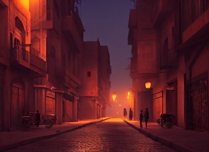 Image similar to cairo old streets + night life of 1 9 4 0, muizz street + street beggars + highly detailed, 8 k matte, cinematic lighting, artstation, matte painting, volumetric lighting