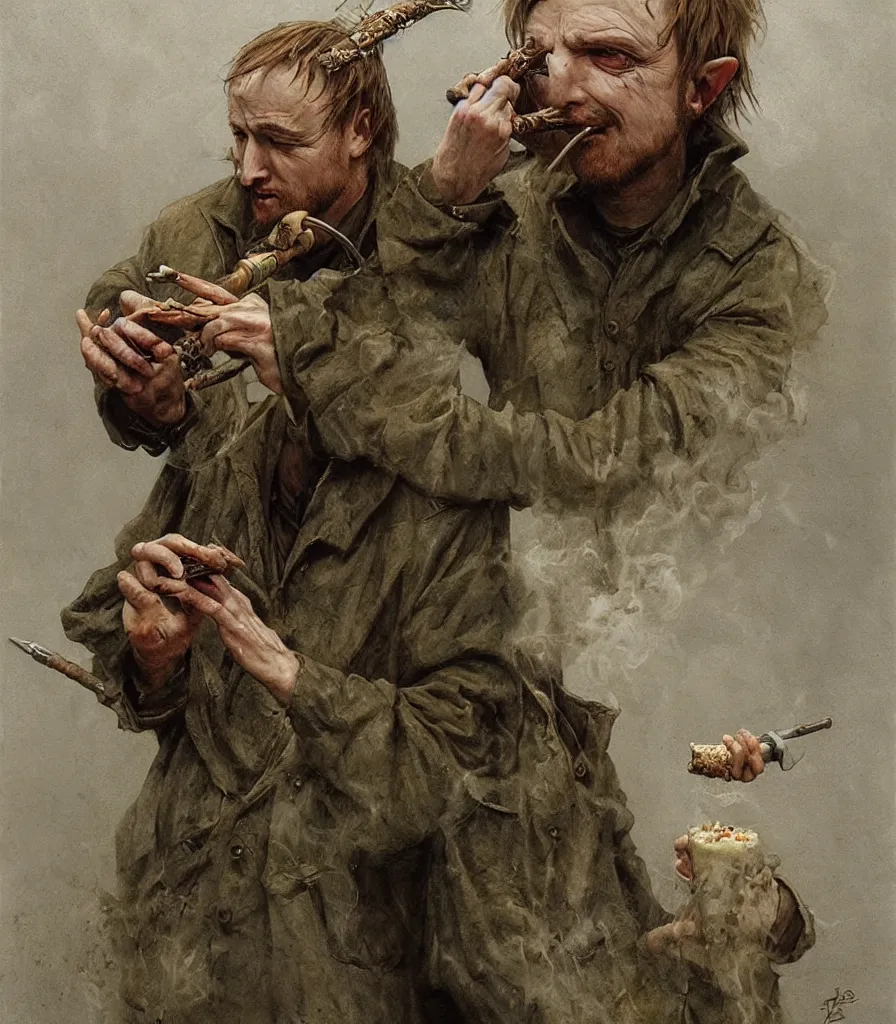 Prompt: Jesse Pinkman dressed as a Hobbit smoking a wood pipe by Esao Andrews and Karol Bak and Zdzislaw Beksinski