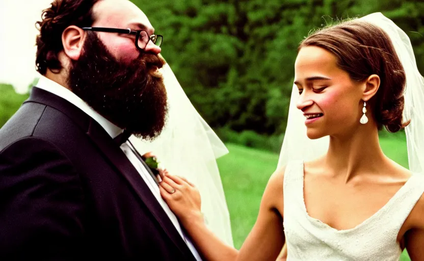 Prompt: movie still close-up portrait of skinny cheerful Alicia Vikander in a wedding dress embracing a groom who is a morbidly obese and bearded nerd, by David Bailey, Cinestill 800t 50mm eastmancolor, heavy grainy picture, very detailed, high quality, 4k, HD criterion, precise texture and facial expression