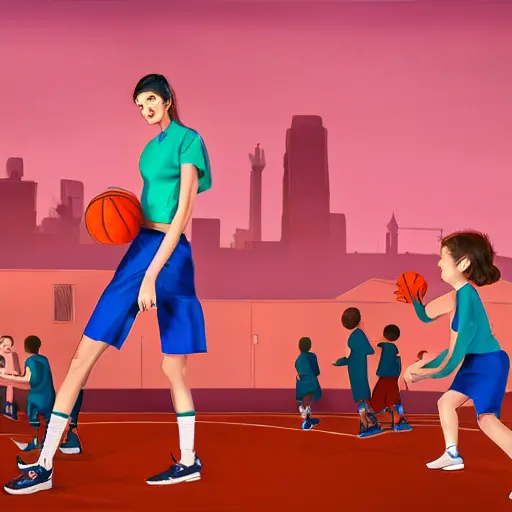 Image similar to tall woman wearing a blue jacket and pink shorts playing basketball against a group of kindergarteners, complete detailed body, city in background, moody atmosphere, digital art, highly detailed, high contrast, beautiful lighting, award winning, trending on art station, photorealistic, 8 k,