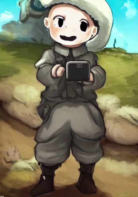 Image similar to little boy wearing sheep suit using a smartphone, gray, blue, green and brown pallet color. made in abyss art style, inspired in kris from deltarrune, cute detailed artwork, anatomically correct, soft details, ligh, reflection