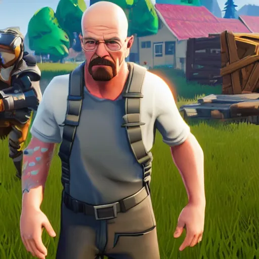 Prompt: Walter White in Fortnite gameplay screenshot