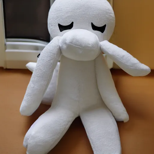 Image similar to cute fumo plush of a shy nightmare girl npc who hides behind corners, black and white