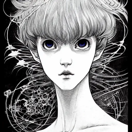 Image similar to prompt: Fragile looking vessel portrait soft light drawn by Vania Zouravliov, inspired by Akira 1988 anime, magical and alchemical weapons, soft light, white background, intricate detail, intricate ink painting detail, sharp high detail, manga and anime 2000