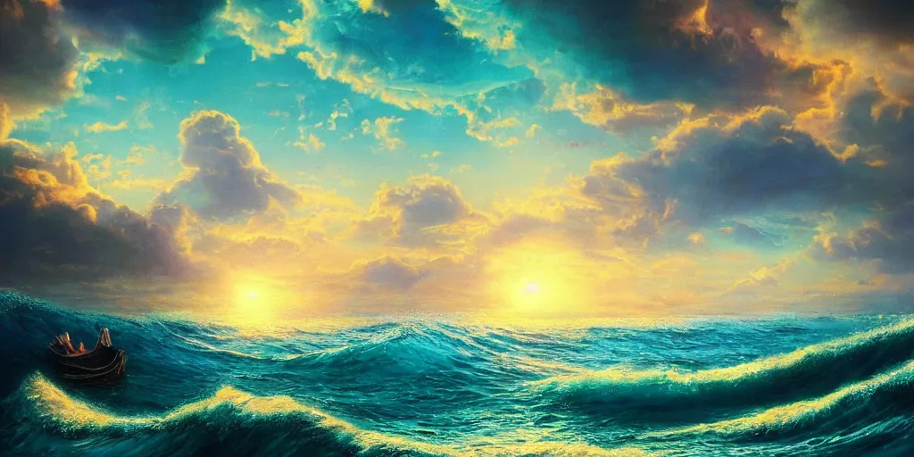 Image similar to If our mouths where filled of praise like the sea, and our tongues joy like it’s manny waves we could never reach Your praise, surrealism, musical notes, beautiful sea landscapes, Very colorful painting 8k trending on art station, Intricate details, very realistic, cinematic lighting, volumetric lighting,