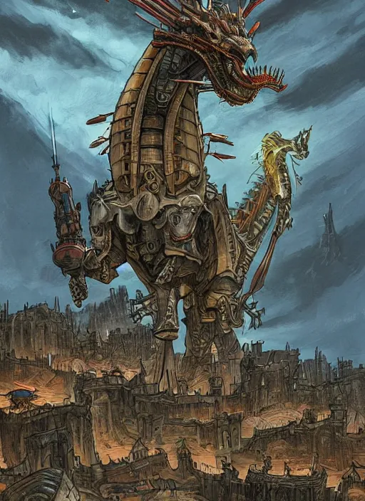 Image similar to intricate fantasy comic book drawing of a giant mechanical dragon over a stronghold castle by dariusz zawadski and simon stalenhag, simon bisley, jack kirby and gris grimly, cinematic, epic, awesome color palette