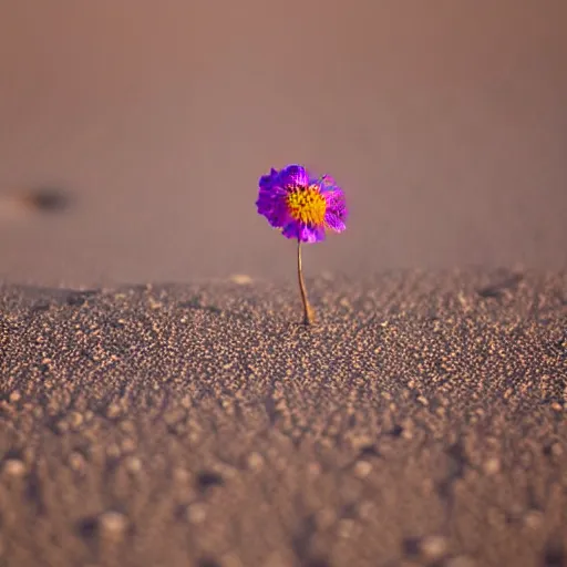 Image similar to a single small pretty desert flower blooms in the middle of a bleak arid empty desert, sand dunes, clear sky, low angle, dramatic, cinematic, tranquil, alive, life.