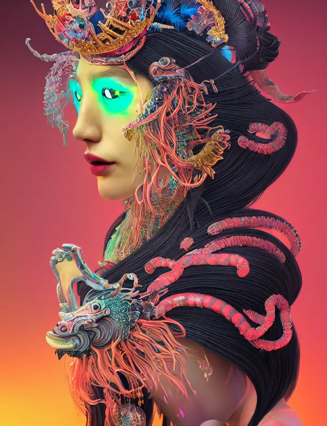 Image similar to 3 d goddess close - up profile portrait with crown, ram skull. beautiful intricately detailed neon japanese crow kitsune mask and clasical japanese kimono. betta fish, jellyfish phoenix, bio luminescent, plasma, ice, water, wind, creature, artwork by tooth wu and wlop and beeple and greg rutkowski