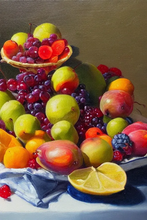 Prompt: A beautiful still life oil painting of a compote full of fruits, summer, hyperrealistic, colorful, hyperdetailed.