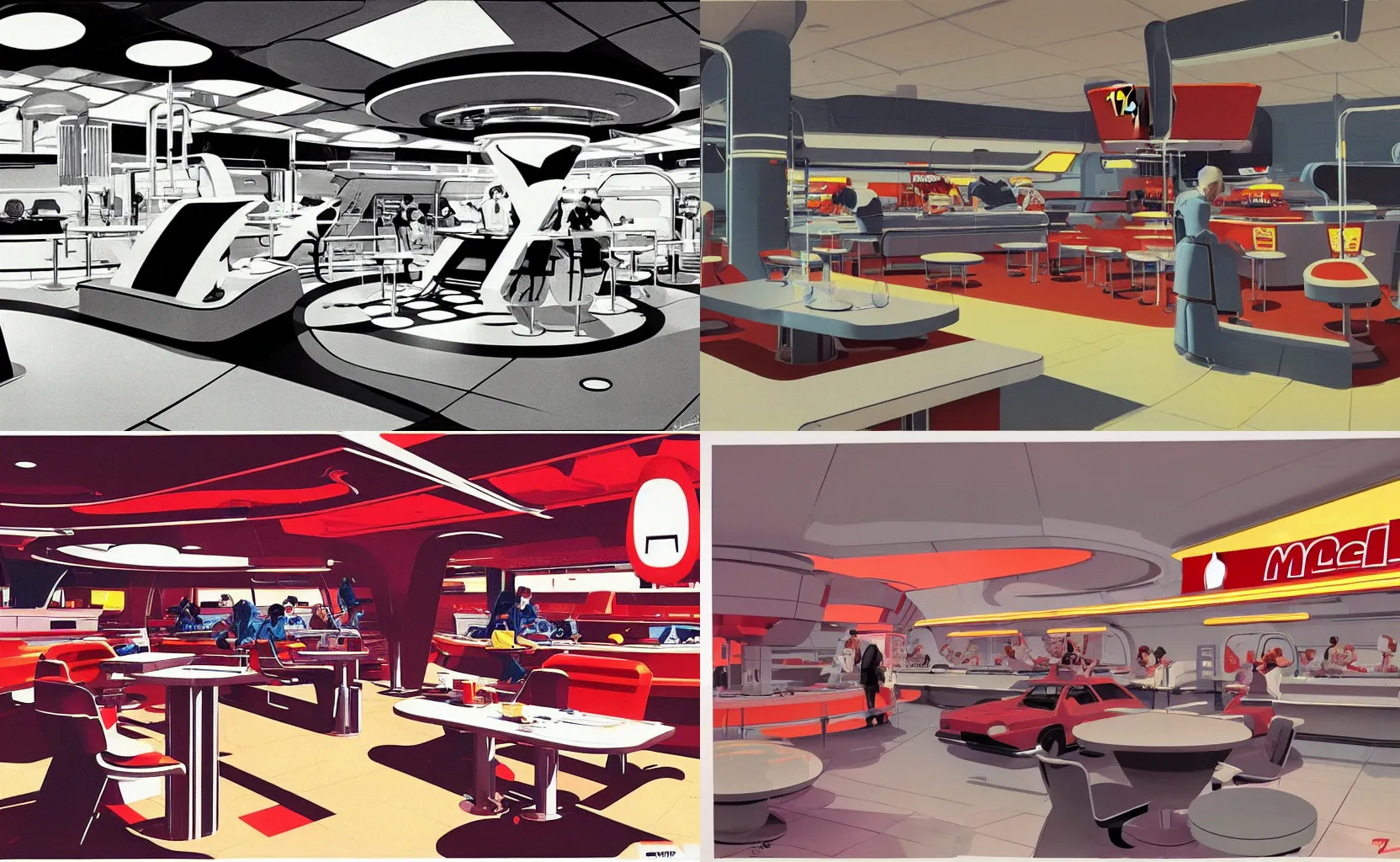 Prompt: concept art for a futuristic McDonalds by Syd Mead