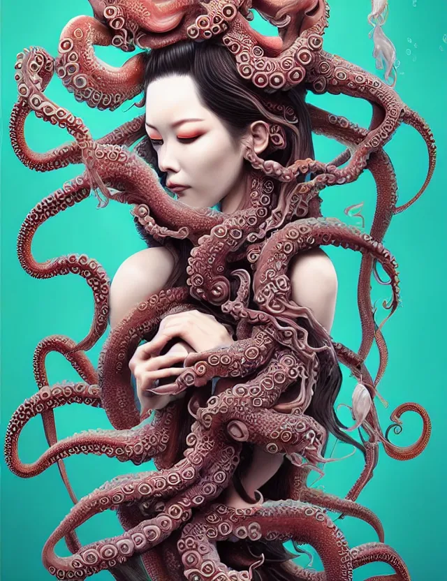 Image similar to 3 d goddess octopus half - turn portrait with long hair with ram skull. beautiful intricately detailed japanese crow kitsune mask and clasical japanese kimono. betta fish, jellyfish phoenix, bio luminescent, plasma, ice, water, wind, creature, artwork by tooth wu and wlop and beeple and greg rutkowski