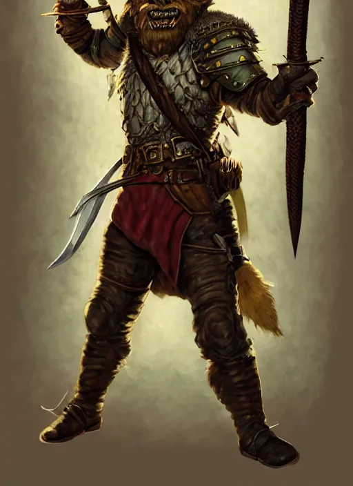 Image similar to strong young man, photorealistic bugbear ranger holding a flaming sword, black beard, dungeons and dragons, pathfinder, roleplaying game art, hunters gear, jeweled ornate leather and steel armour, concept art, character design on white background, by alan lee, norman rockwell, makoto shinkai, kim jung giu, poster art, colours red and green