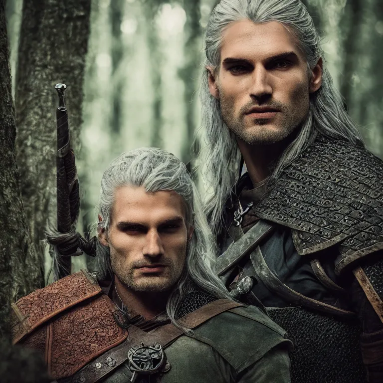 Prompt: portrait photo of a male warrior, in a forest, witcher style, highly detailed 8 k. lifelike. soft light. nikon d 8 5 0. cinematic post - processing, poster