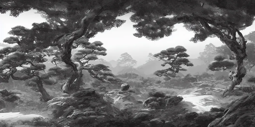 Image similar to old japanese landscape with curved trees and rocks, detailed, high quality, trending on artstation, 8 k, award winning