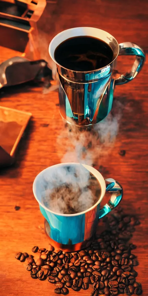 Image similar to metal mug, filled with steaming hot coffee, standing on a table. future. japan. cyberpunk style. closeup. colorful.