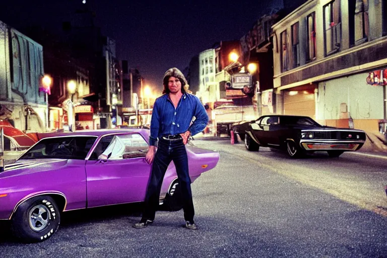 Image similar to 70s dressed Kurt Russel posing and in the background there two 70’s muscle cars parked on a deserted city street at night time, purple lighted street, wide angle, cinematic, retro-wave vibes, grainy, soft motion blur