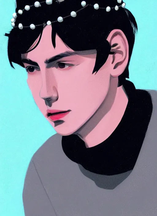 Image similar to portrait of teenage jughead jones wearing a light grey crown, crown, blue turtleneck, 1 9 5 0 s, closed eyes, photorealistic, black hair, glowing lighting, intricate, elegant, glowing lights, highly detailed, digital painting, artstation, concept art, smooth, sharp focus, illustration, art by wlop, mars ravelo and greg rutkowski