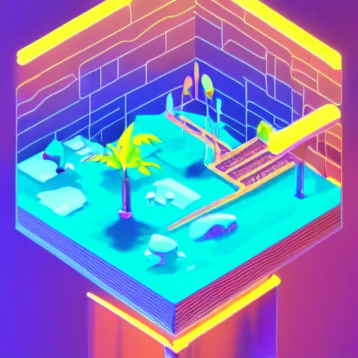 Prompt: isometric island on neon background, isometric invironment, 3d art, isometric art, high detail, artstation, concept art, behance, ray tracing, smooth, sharp focus, ethereal lighting