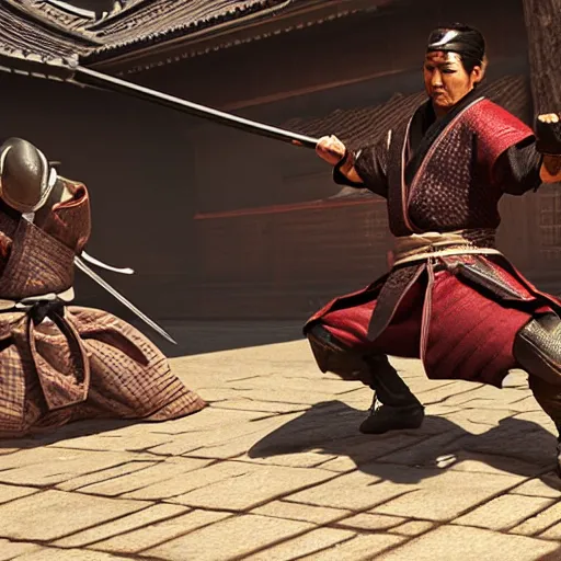 Image similar to an action fight scene between a samurai and a ninja, unreal engine, hyper realistic, high detail, cinematic, magic, japan, temples,