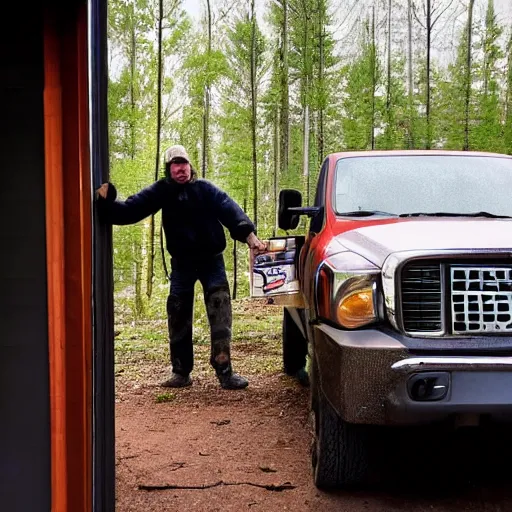 Prompt: photo of a person locked in a cabin with a madman outside, trying to get in with a metal pickup truck outside.