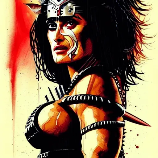 Image similar to a portrait of Salma Hayek as a barbarian warrior intricate details by MARVEL comics and Sandra Chevrier