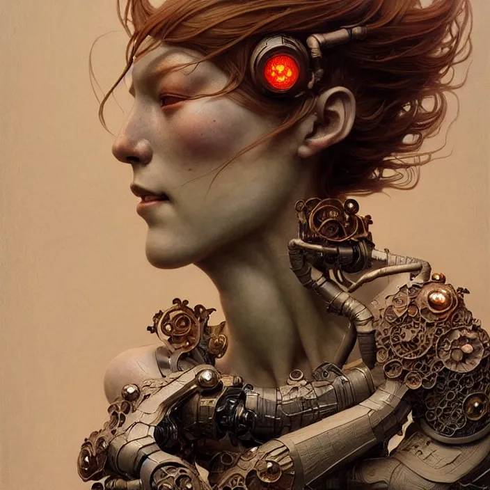 Image similar to ceramic cyborg, japanese raku, diffuse lighting, fantasy, intricate, elegant, highly detailed, lifelike, photorealistic, digital painting, artstation, illustration, concept art, smooth, sharp focus, art by John Collier and Albert Aublet and Krenz Cushart and Artem Demura and Alphonse Mucha